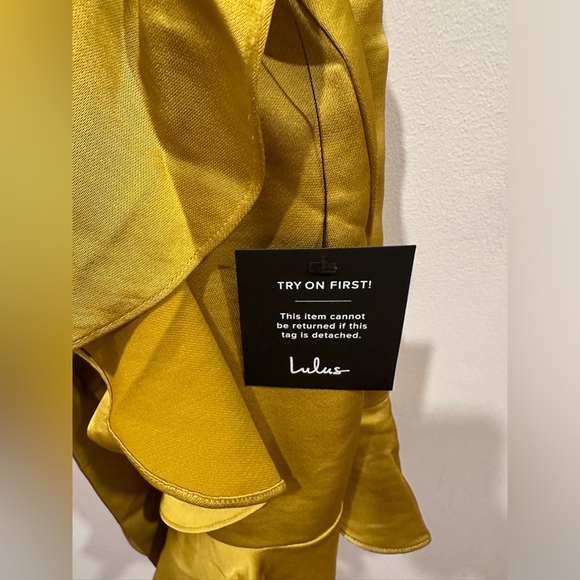Lulus Glamorous Lifestyle Mustard Yellow Satin Faux-Wrap Mini Dress NWT - Picture 6 of 9